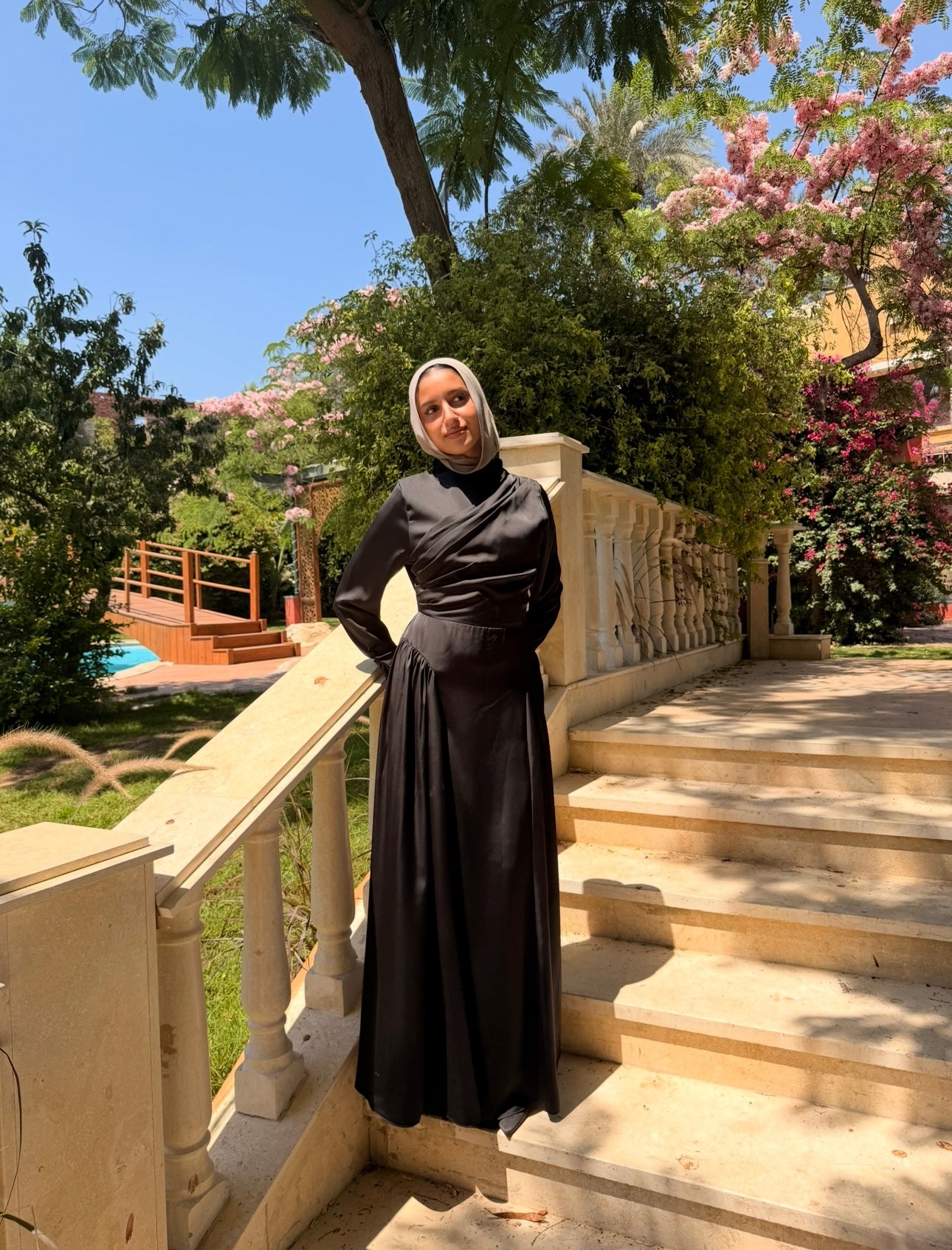 Draped Satin Dress -Black