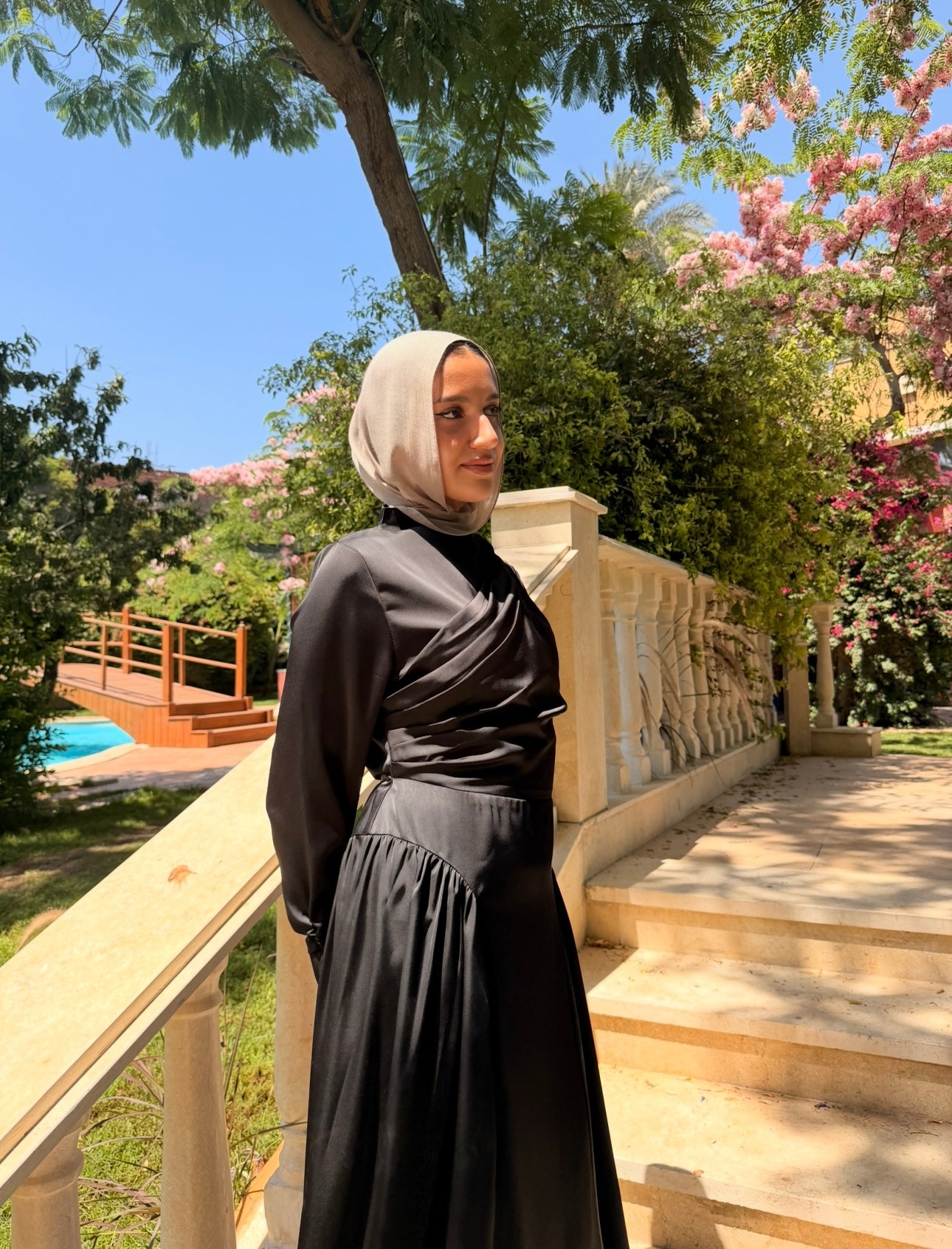 Draped Satin Dress -Black