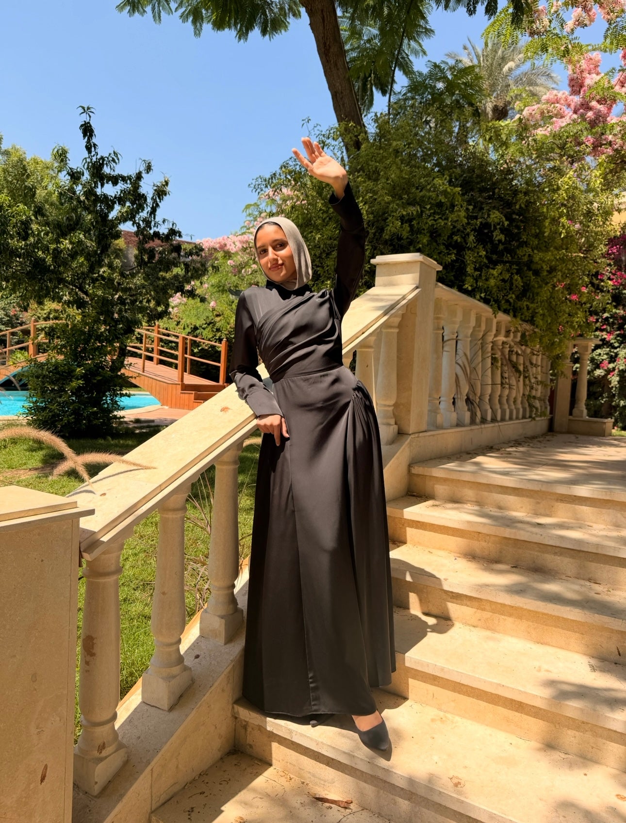 Draped Satin Dress -Black