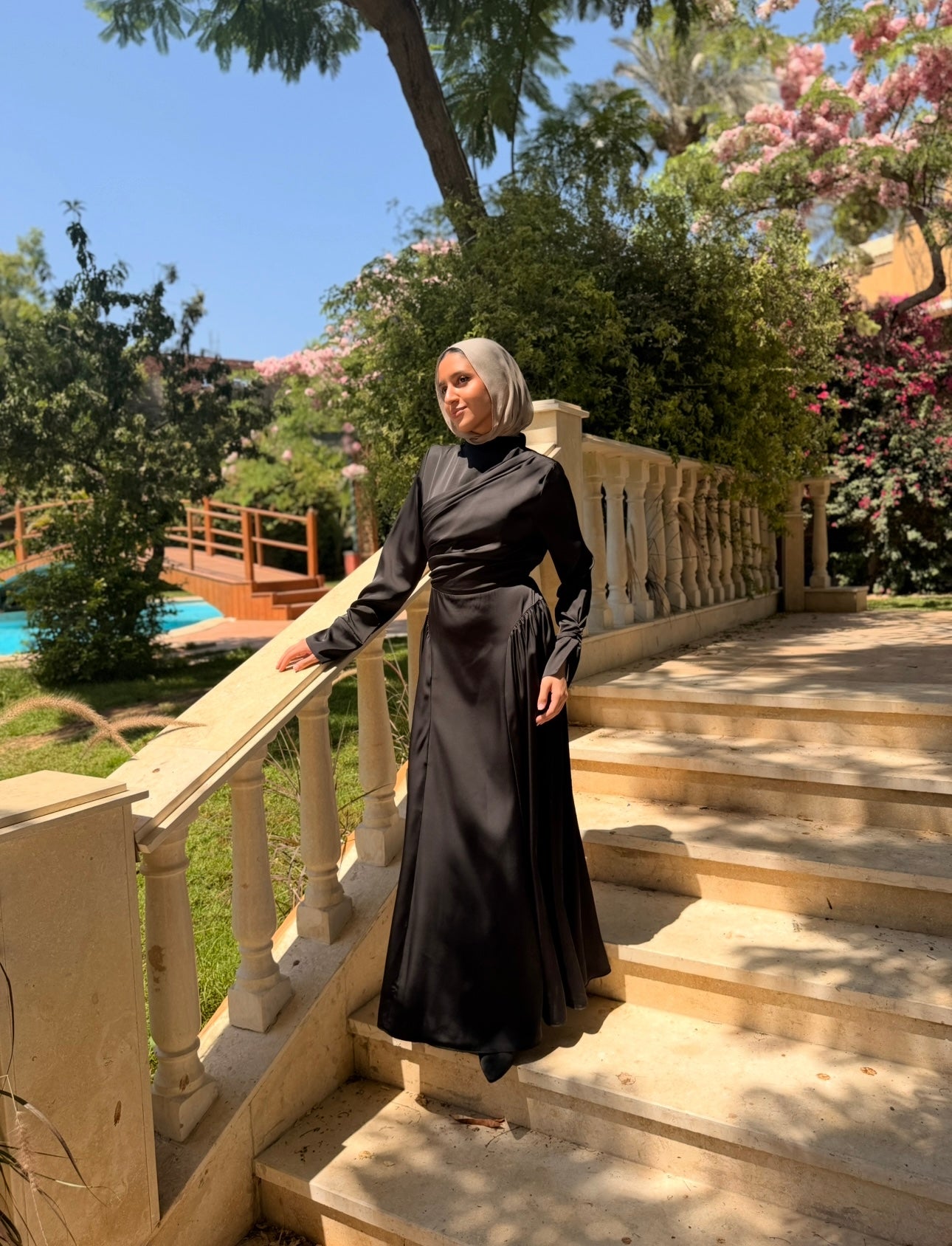 Draped Satin Dress -Black