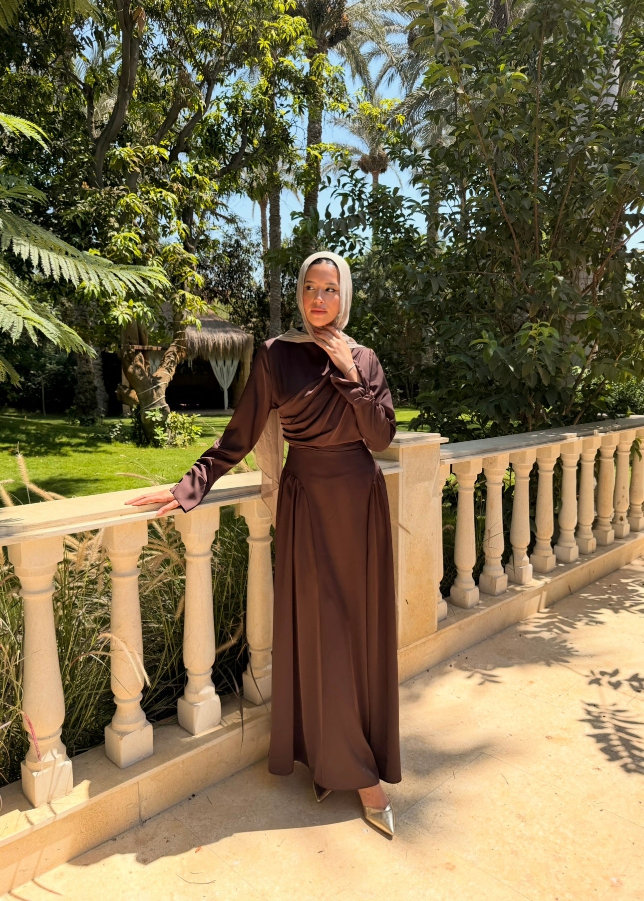 Draped Satin Dress - Brown