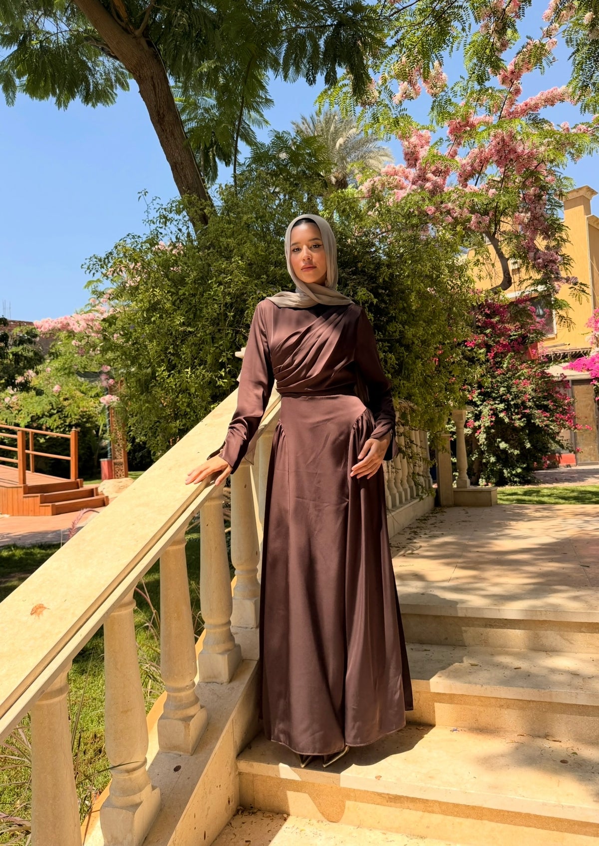 Draped Satin Dress - Brown