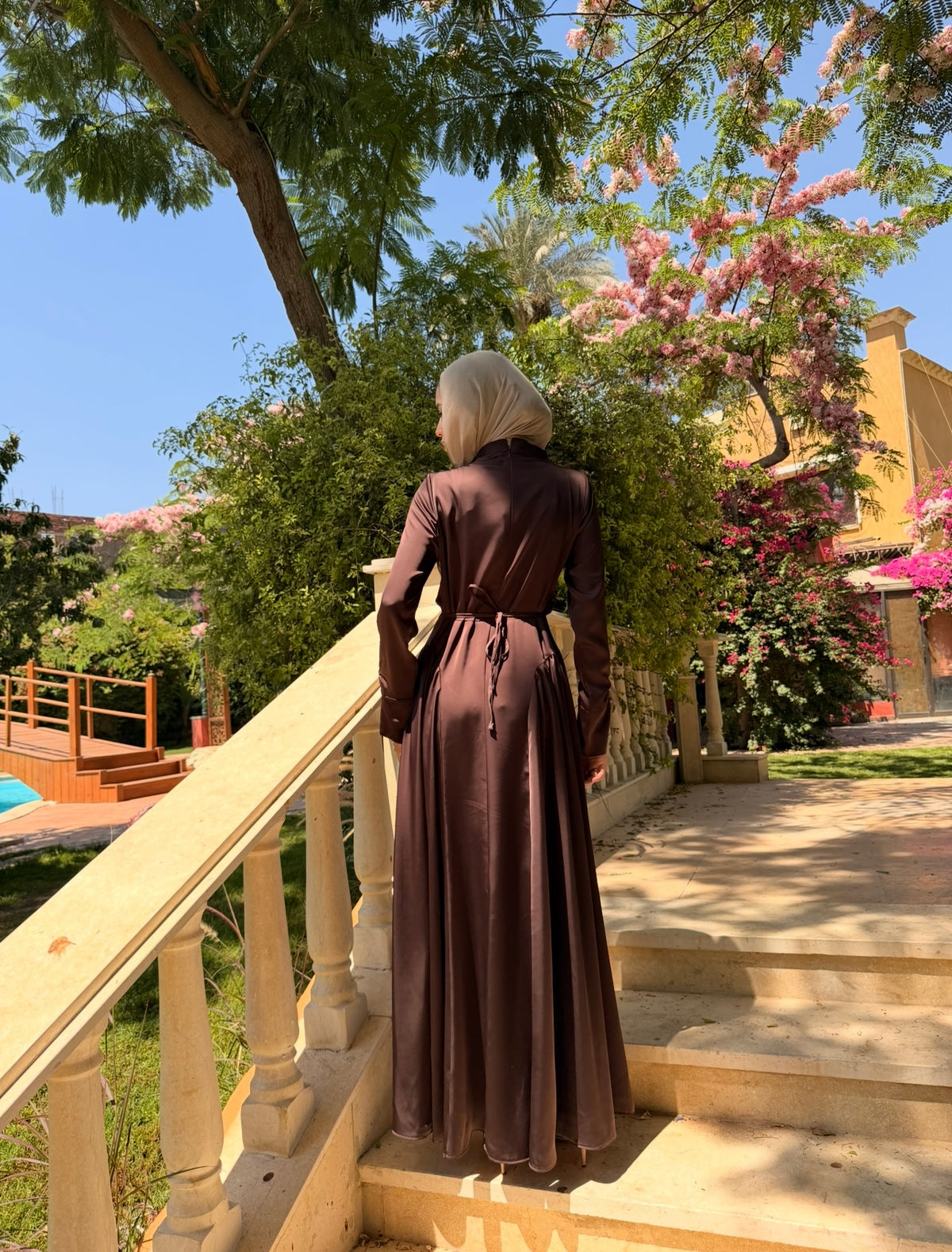 Draped Satin Dress - Brown