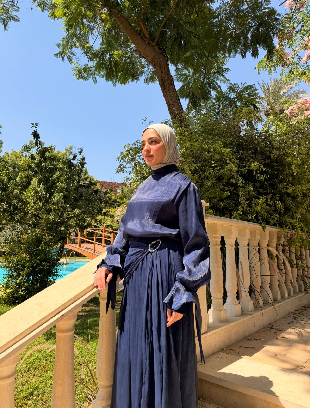 Side Buckle Organza Dress -Dark Blue