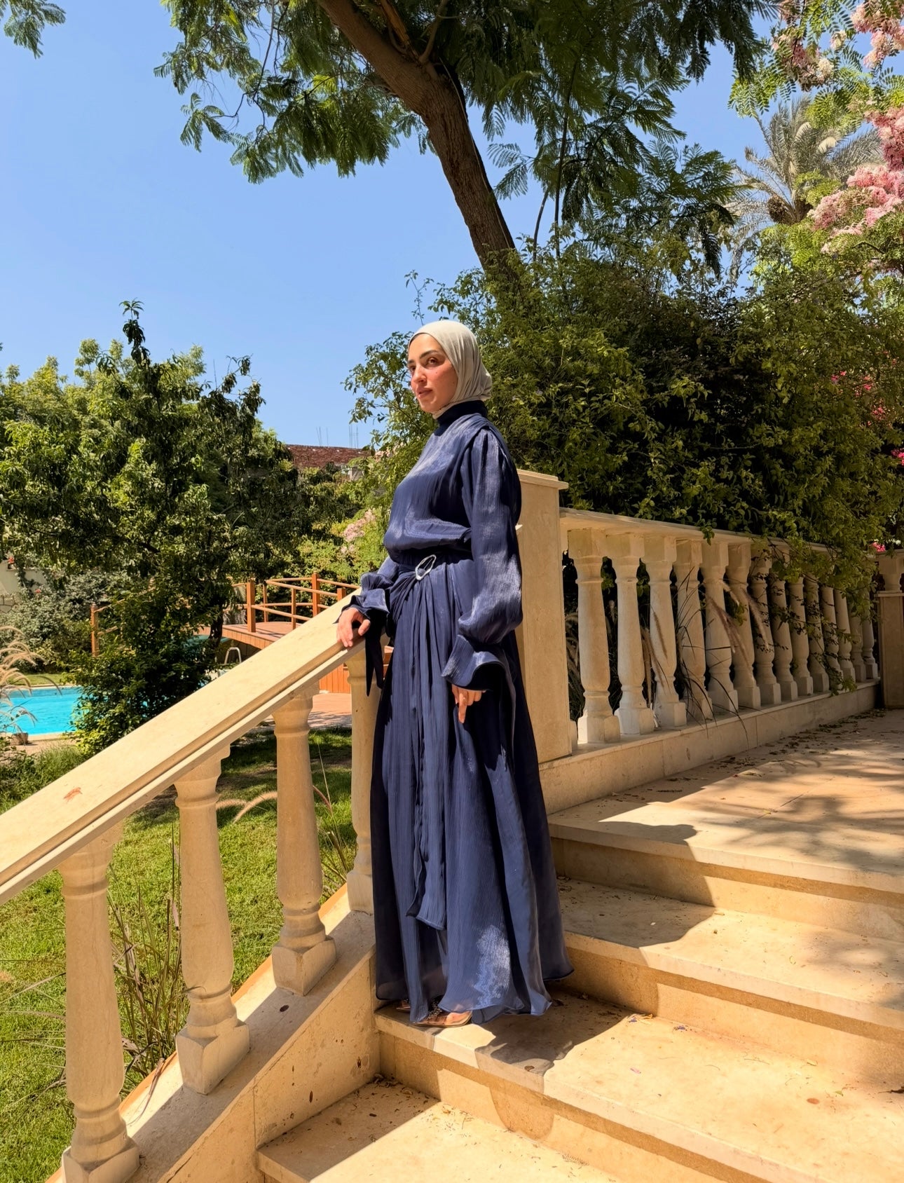 Side Buckle Organza Dress -Dark Blue