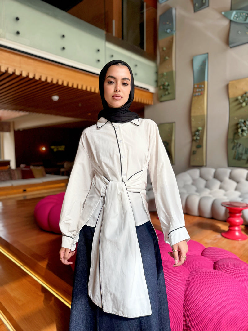 Piping Cropped Shirt - white