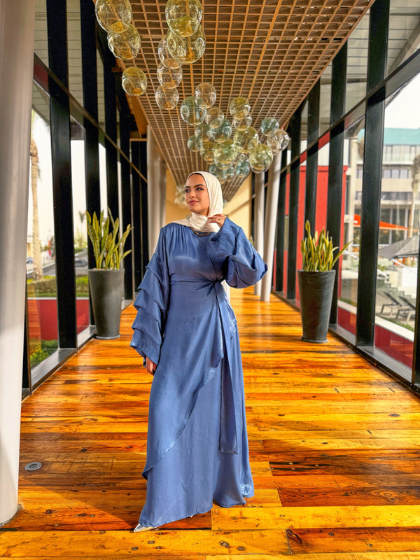 Pleated Sleeves Shimmer Dress-Blue