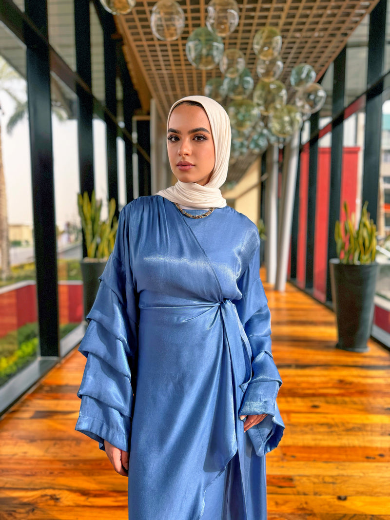 Pleated Sleeves Shimmer Dress-Blue