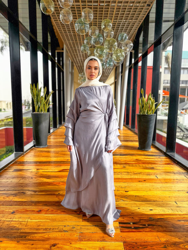 Pleated Sleeves Shimmer Dress-Grey