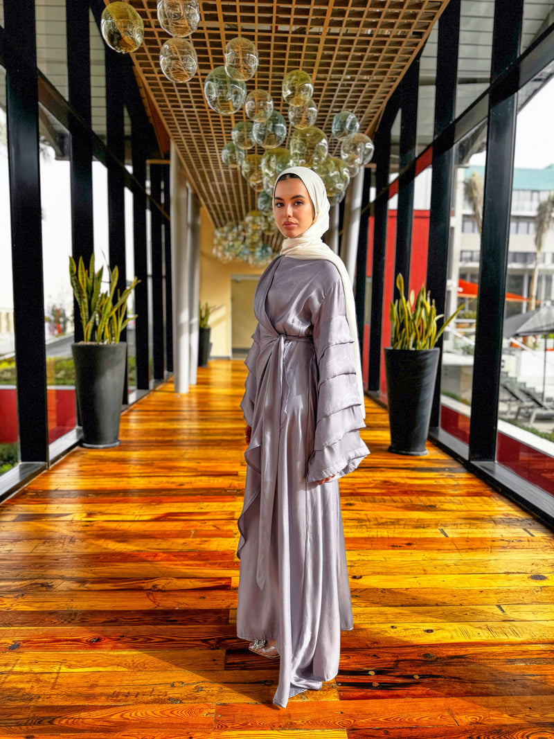 Pleated Sleeves Shimmer Dress-Grey