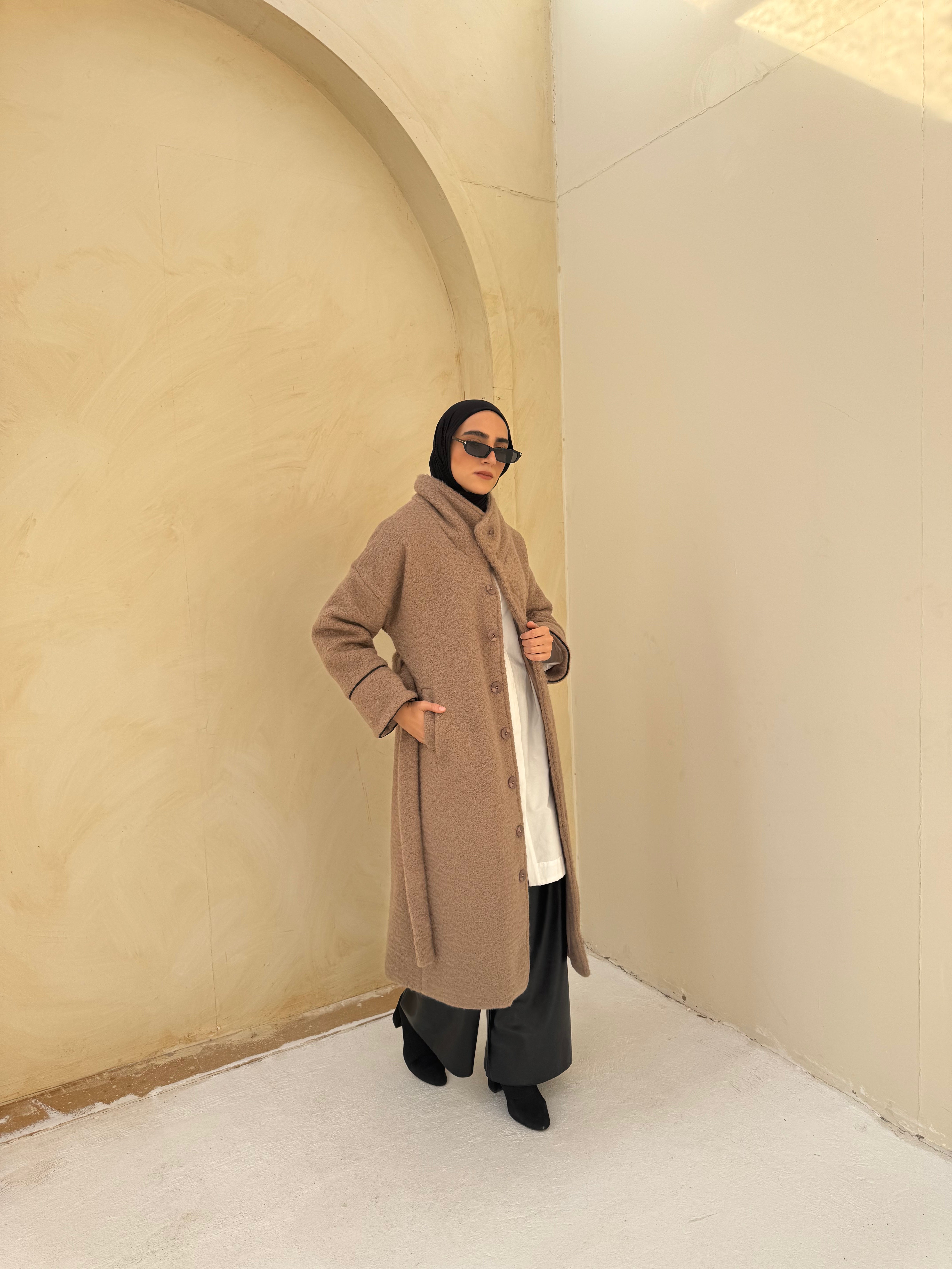 Fur With Piping Jacket-Cafe