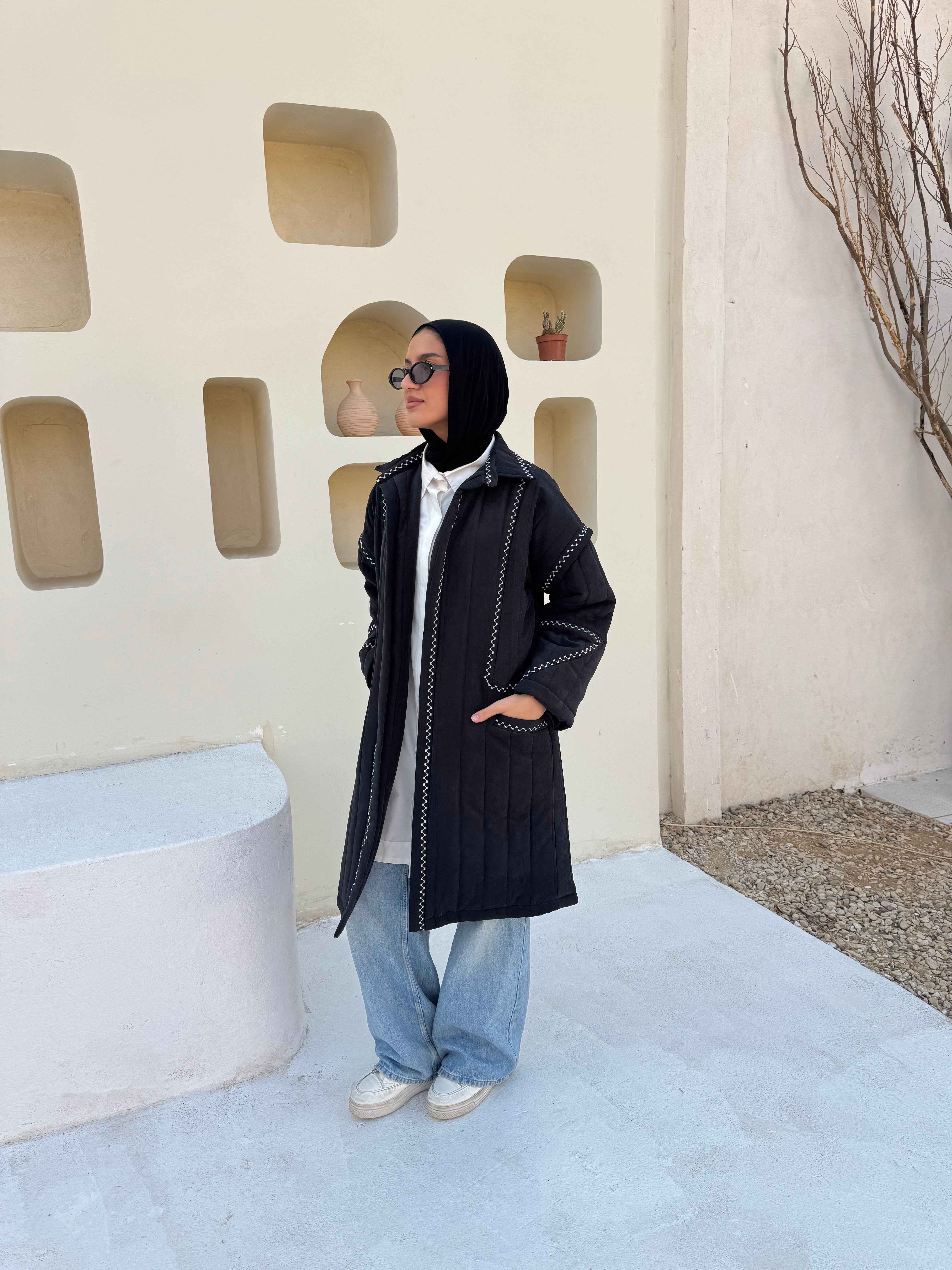 Boho Stitch Puffer Jacket - Black