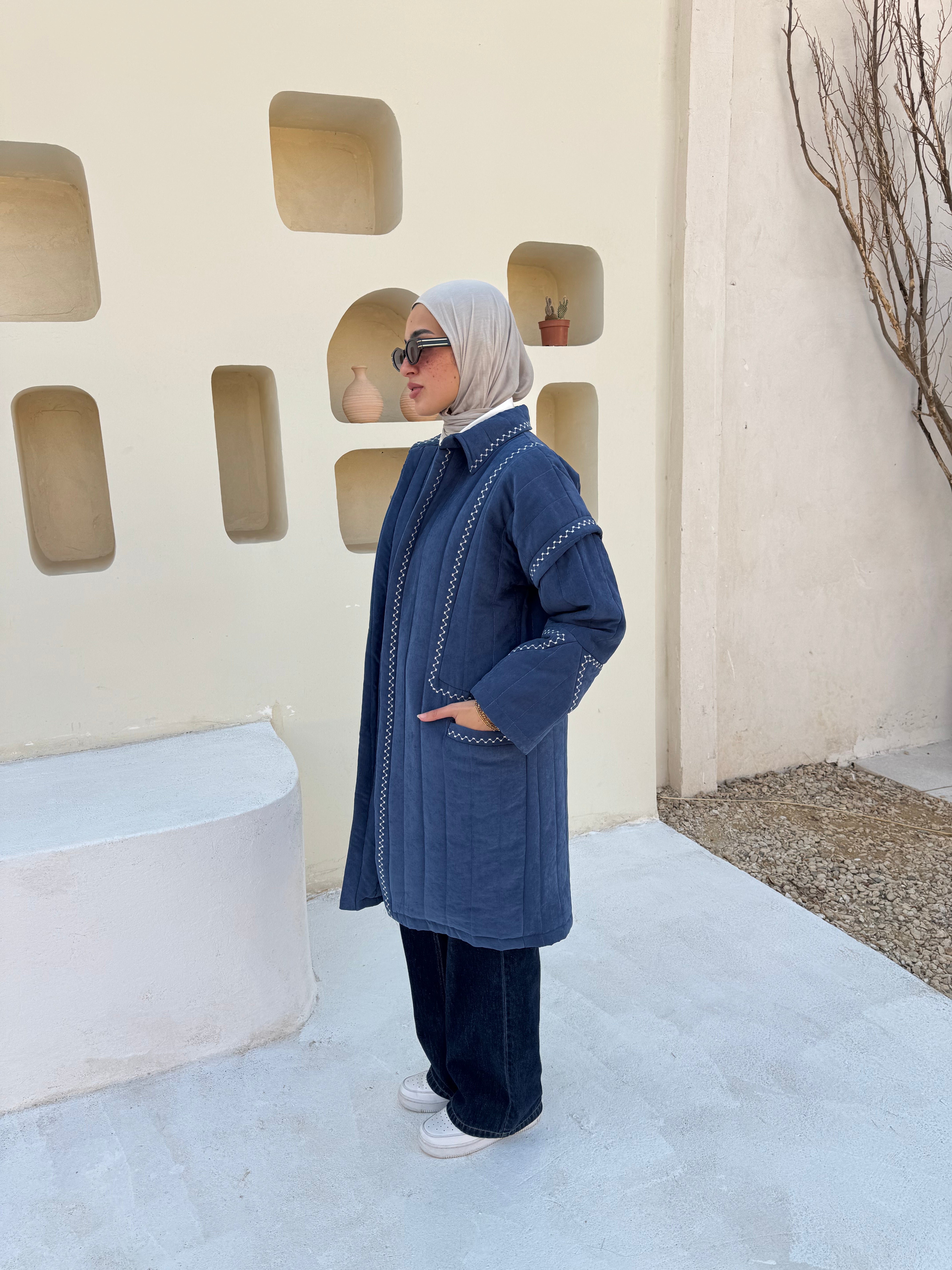 Boho Stitch Puffer Jacket - Blue