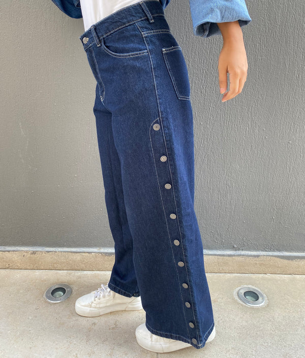 Side Buttoned Denim Pants - Blue