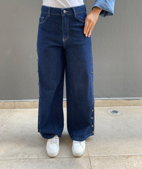 Side Buttoned Denim Pants - Blue