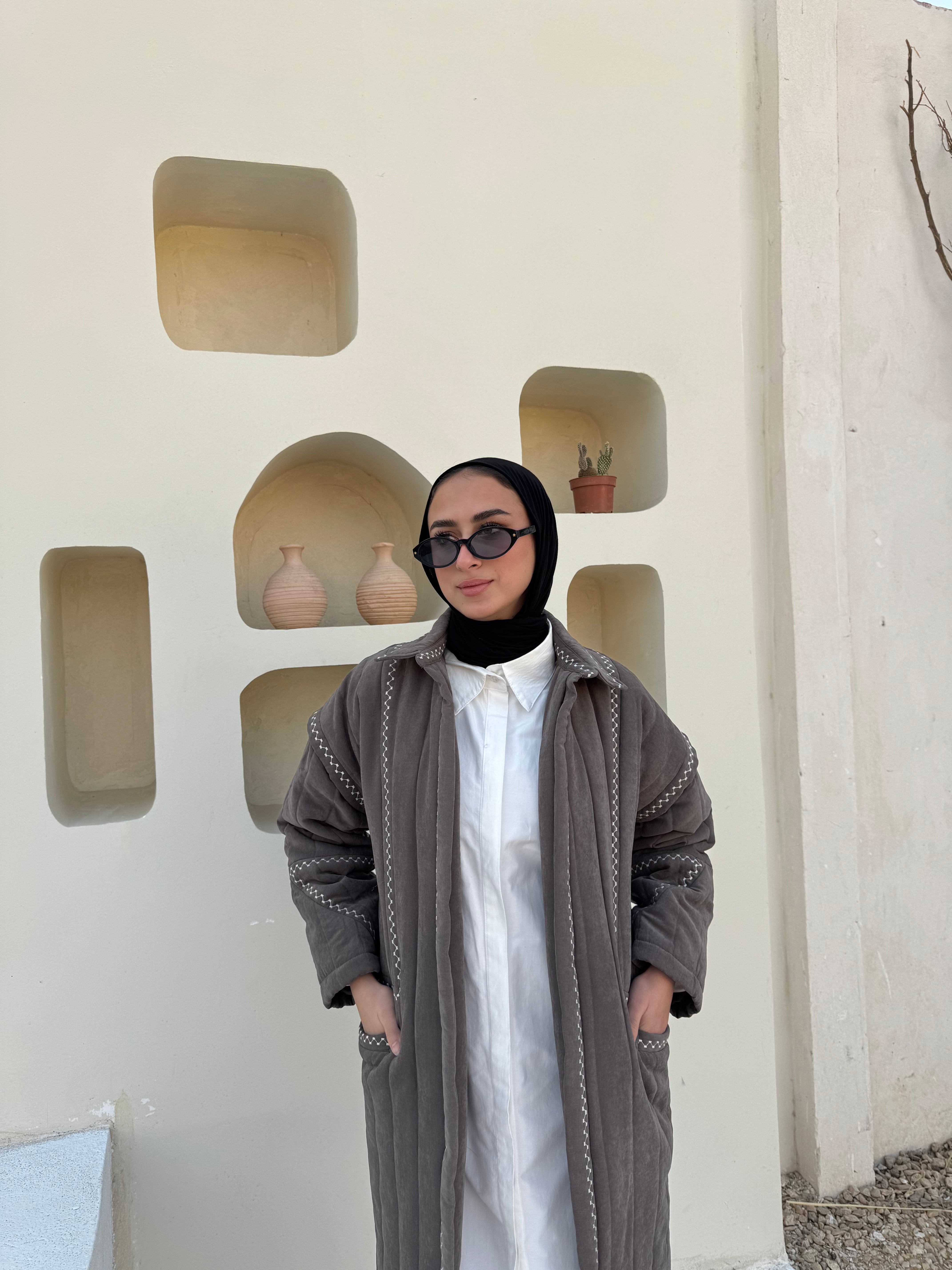 Boho Stitch Puffer Jacket - Cafe
