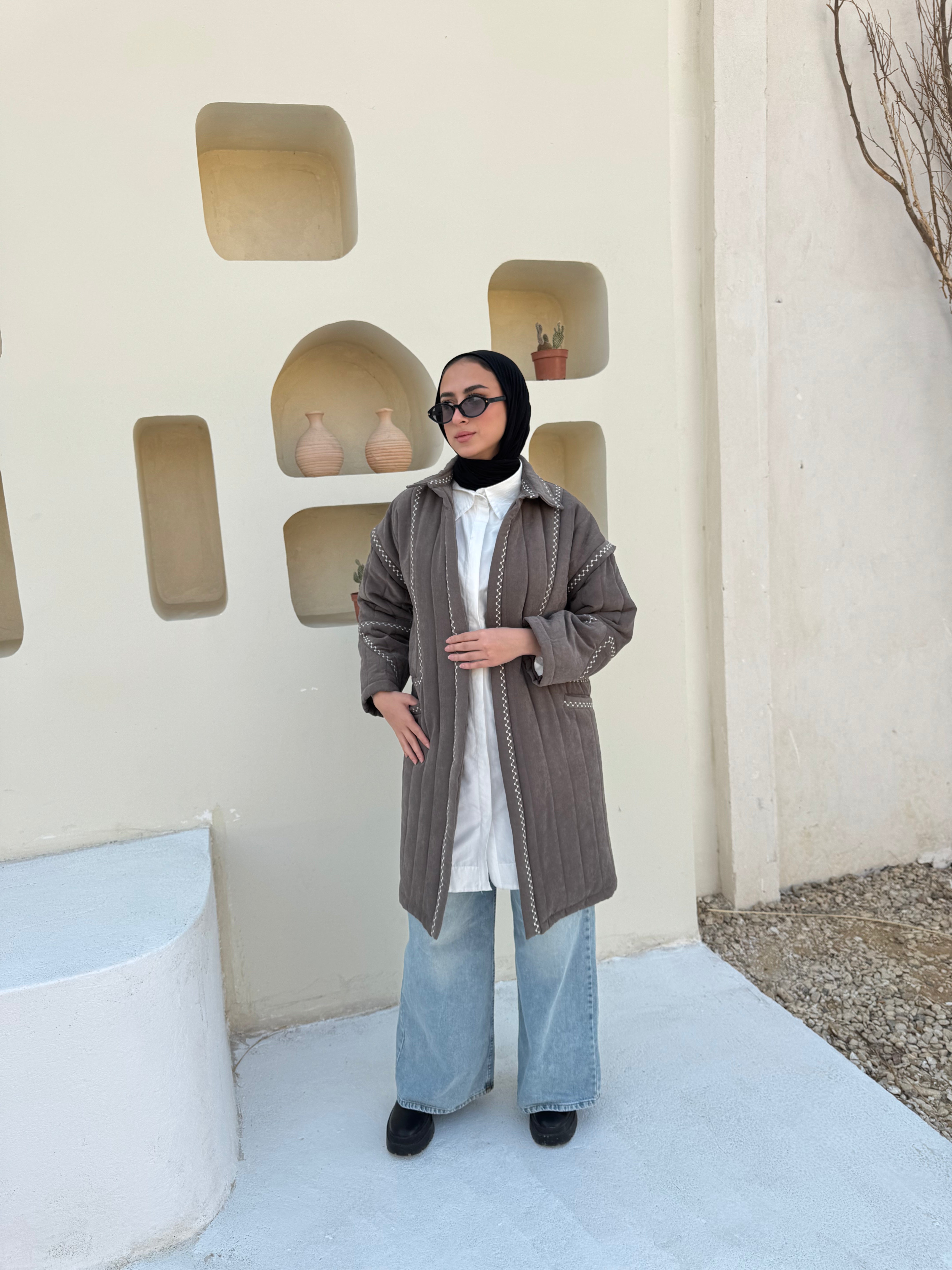 Boho Stitch Puffer Jacket - Cafe