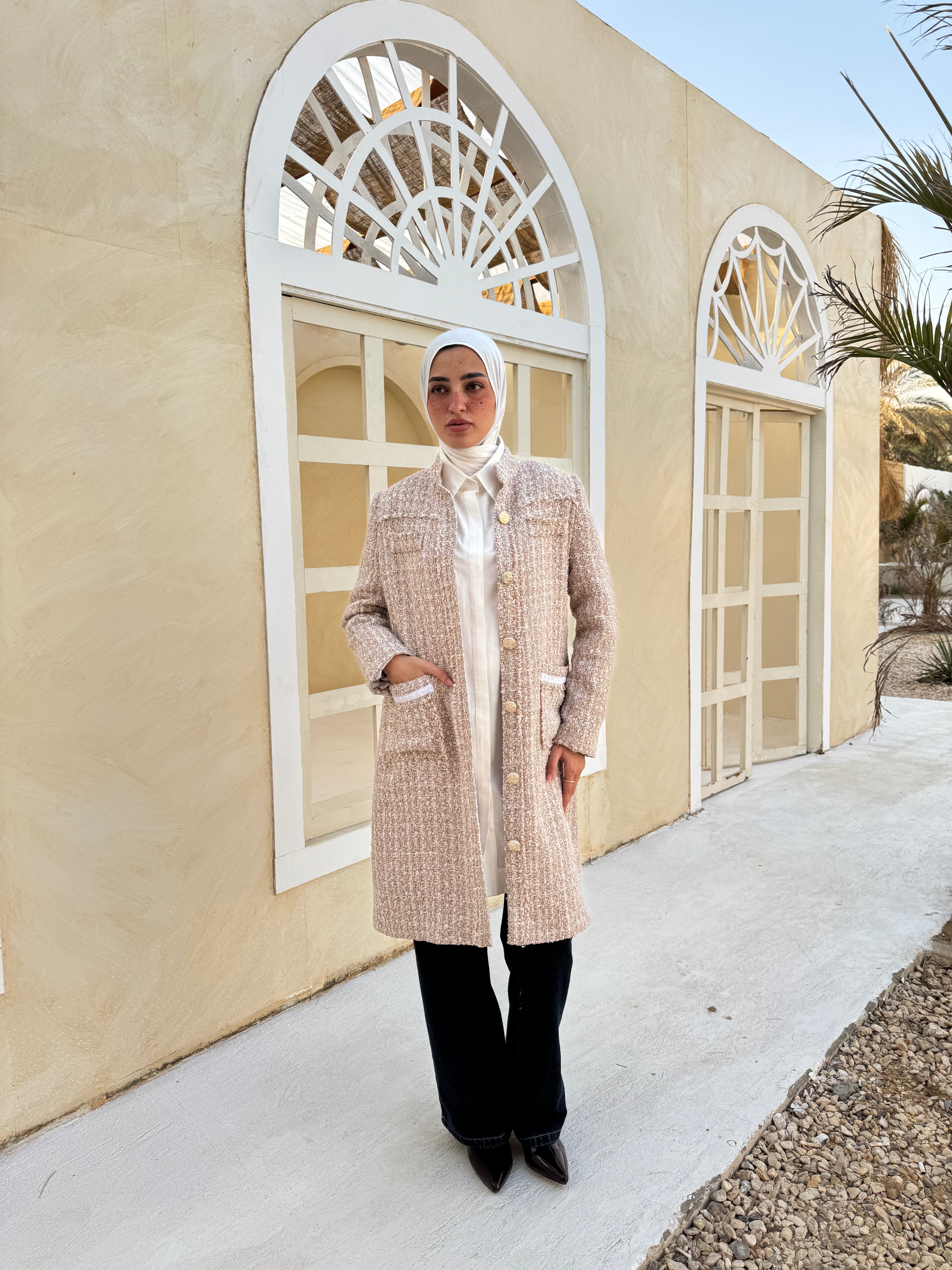 Tweed Metallic Coat - Beige