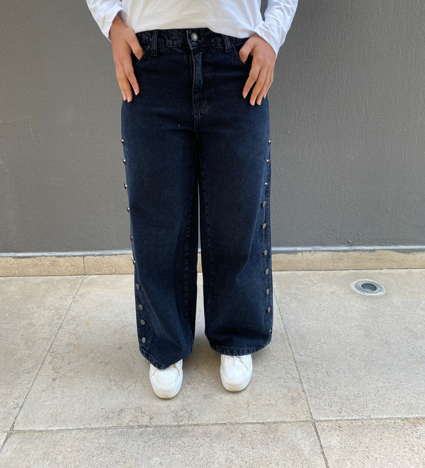Washed Side Buttons Pants - Black