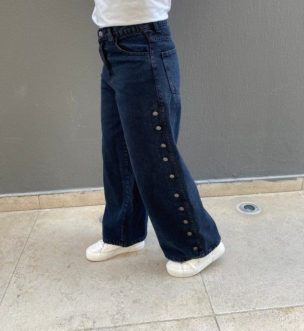 Washed Side Buttons Pants - Black