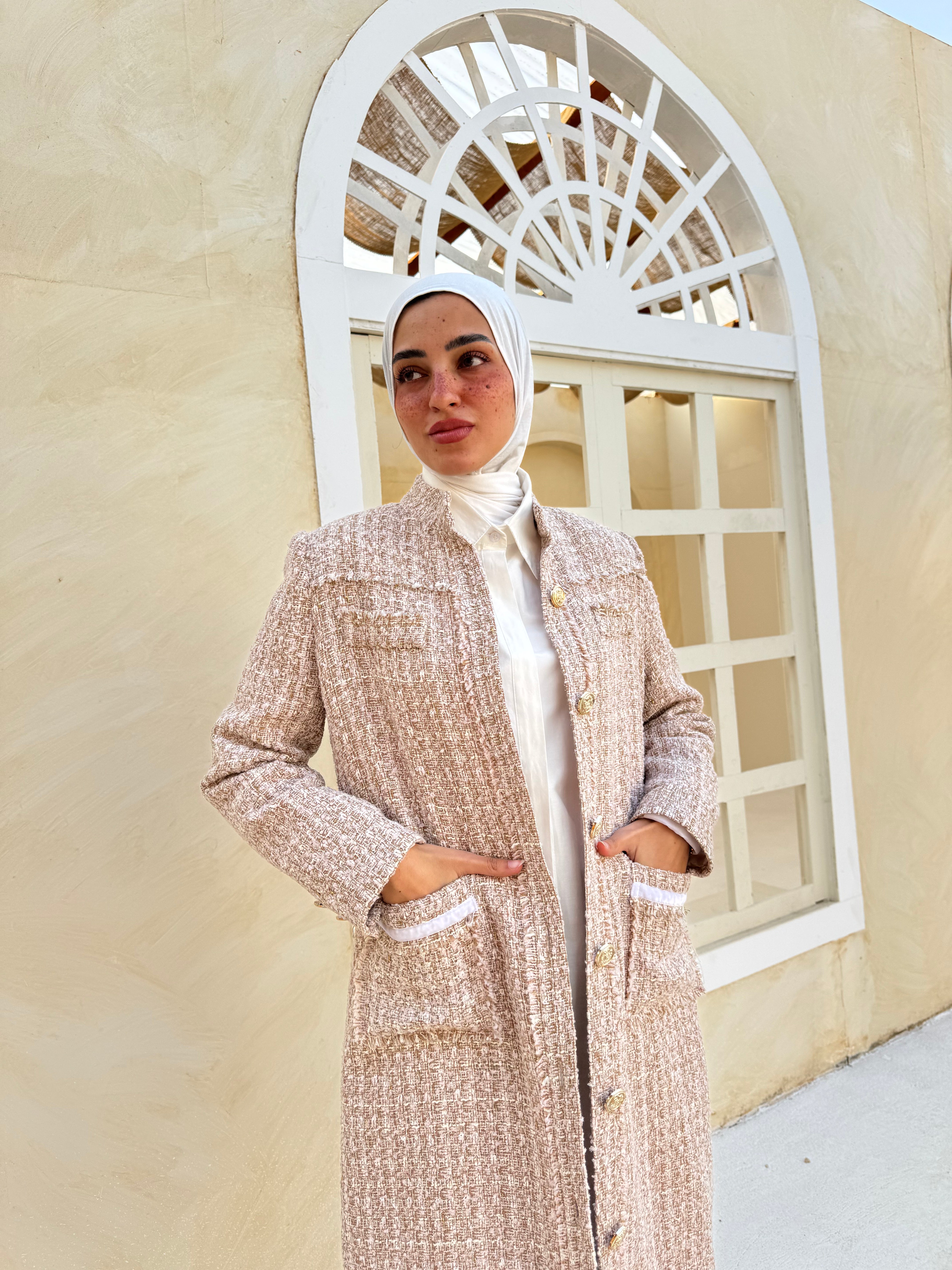 Tweed Metallic Coat - Beige