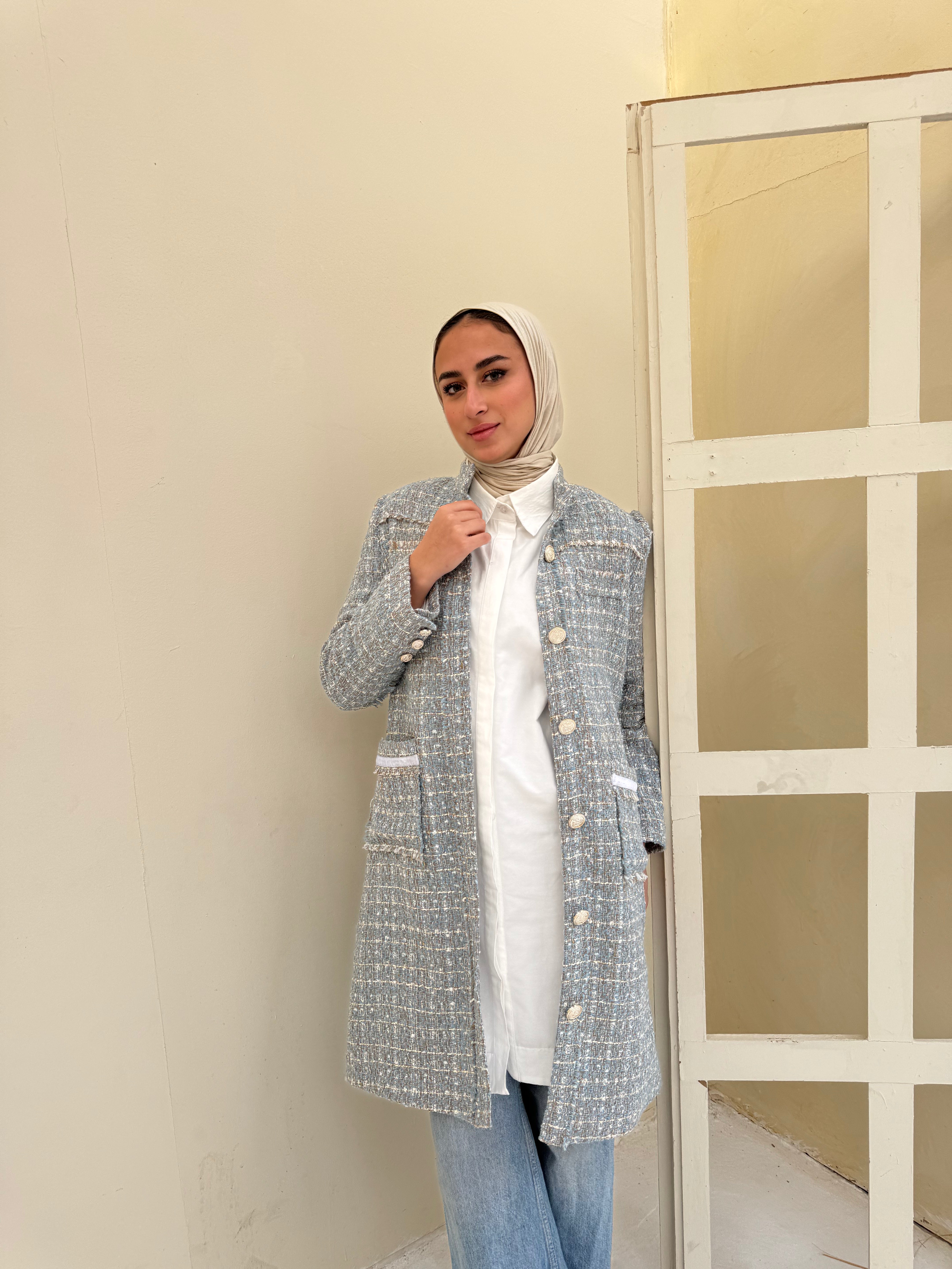 Tweed Metallic Coat - Baby Blue