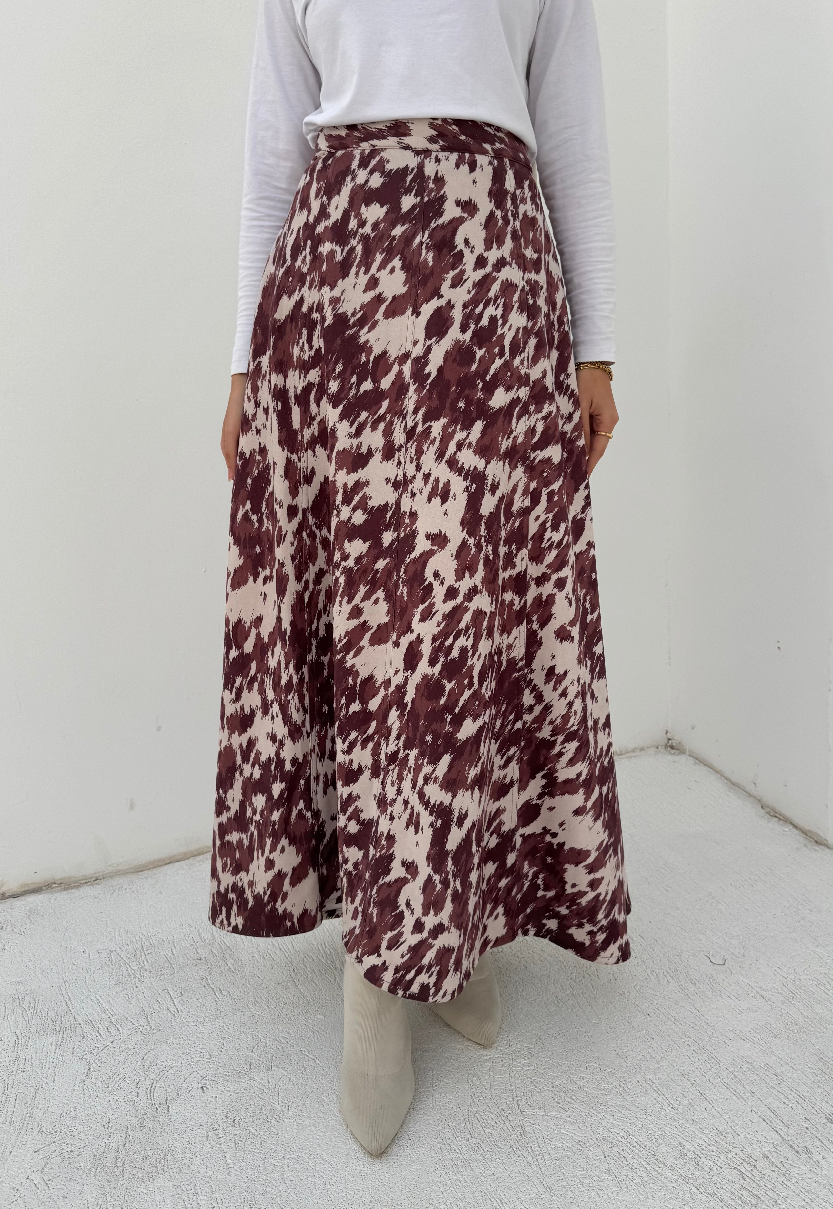 Stitched Printed Suede Skirt - Burgundy