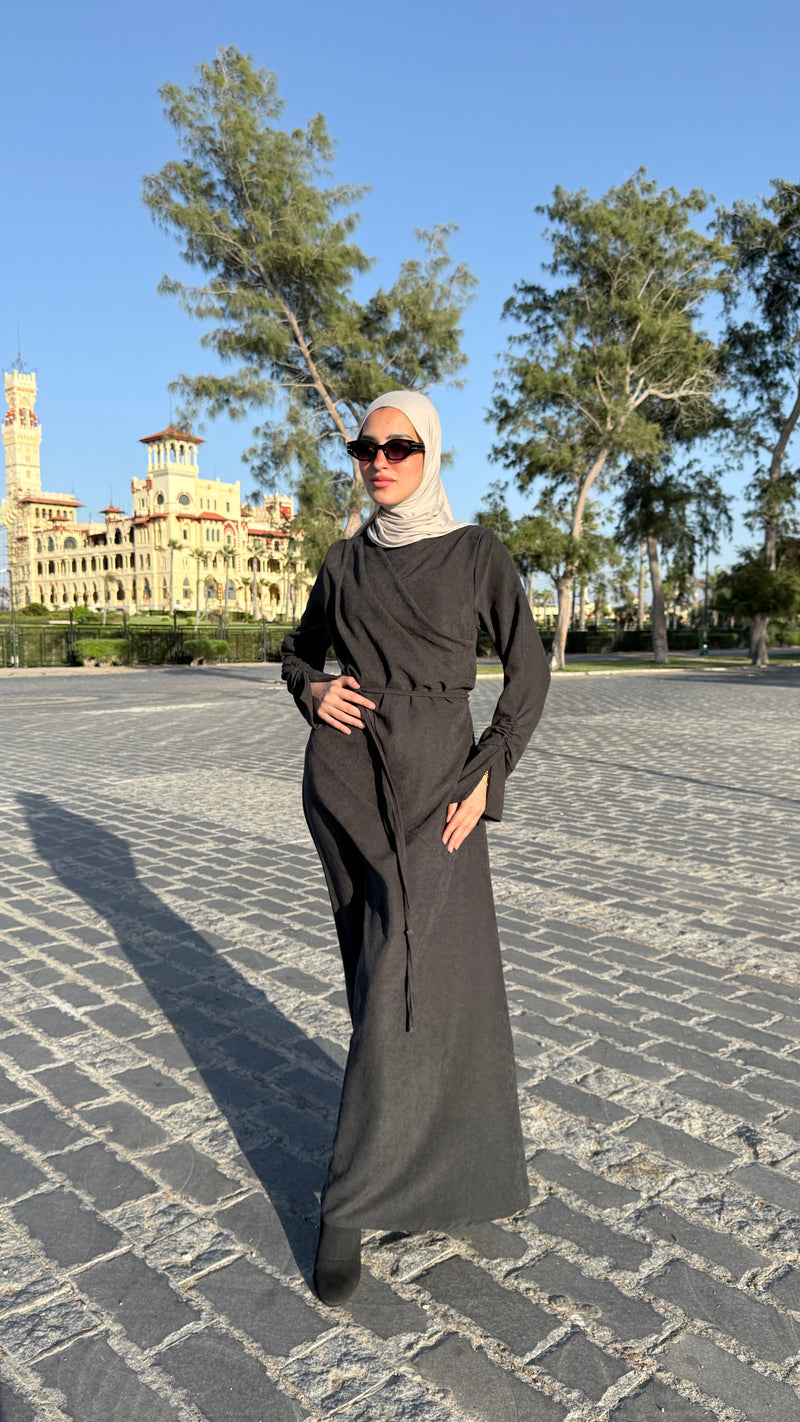 Draped Dress With Scarf - Black
