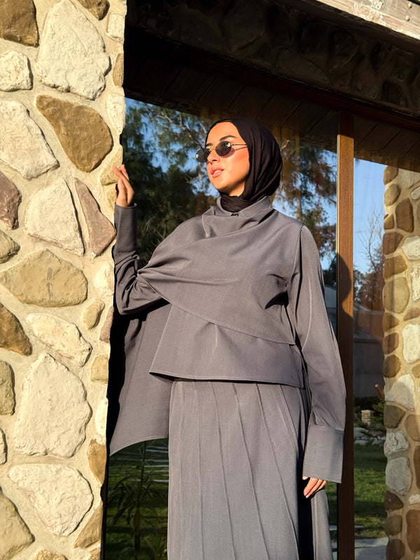 Cropped Shirt With Scarf - Dark Blue
