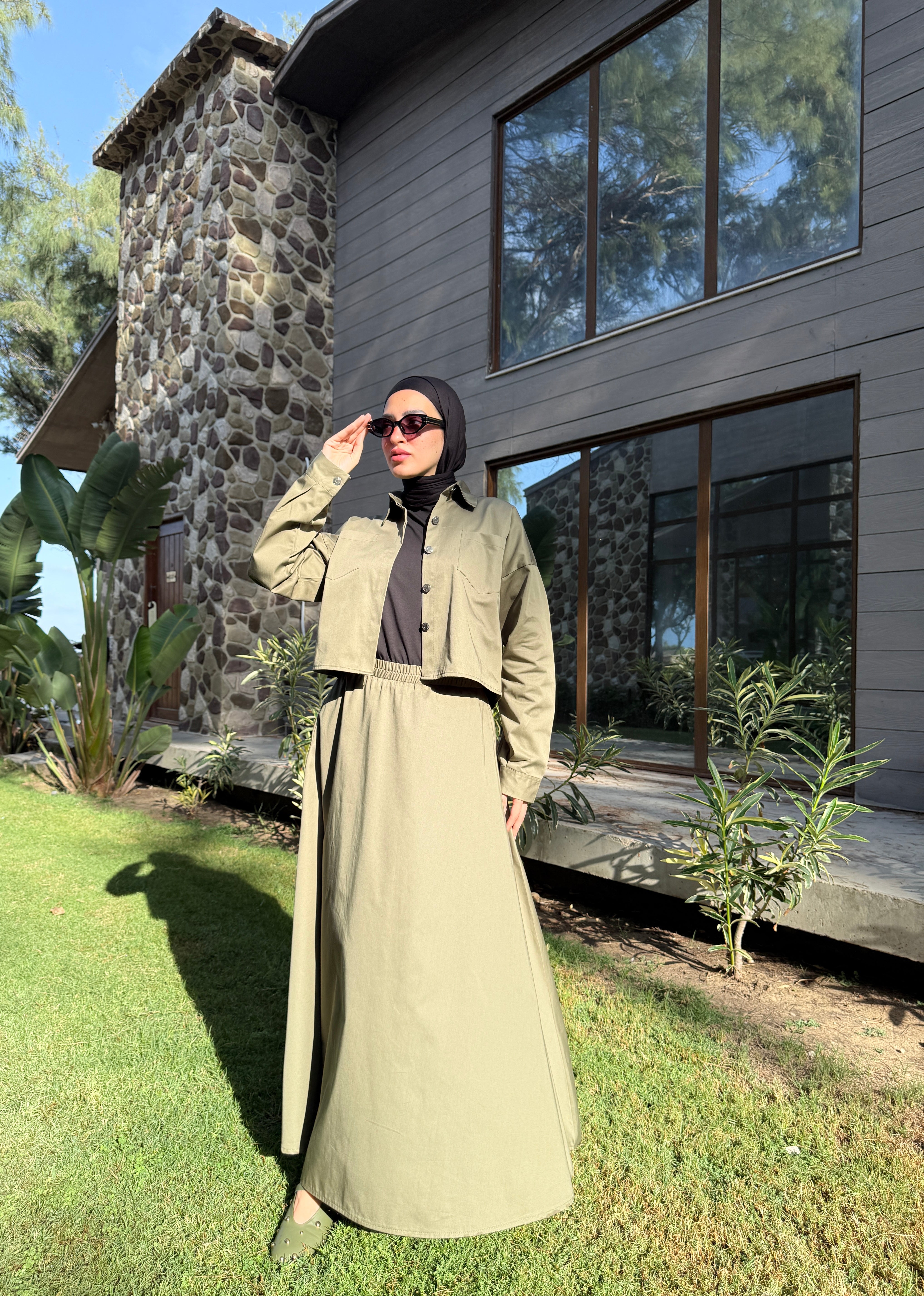 Gabardine Flowy Skirt - Olive