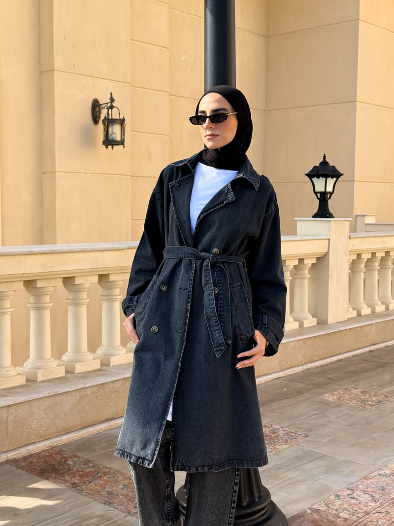 Denim Trench Jacket - Black