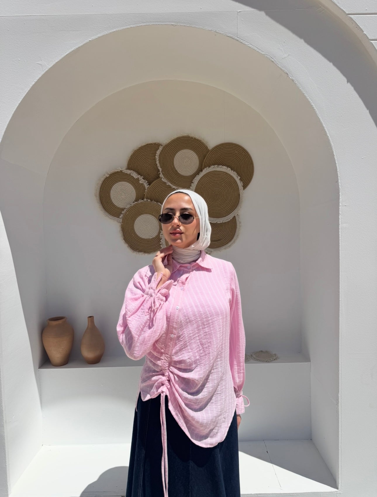 Asymmetric Striped Blouse-Pink