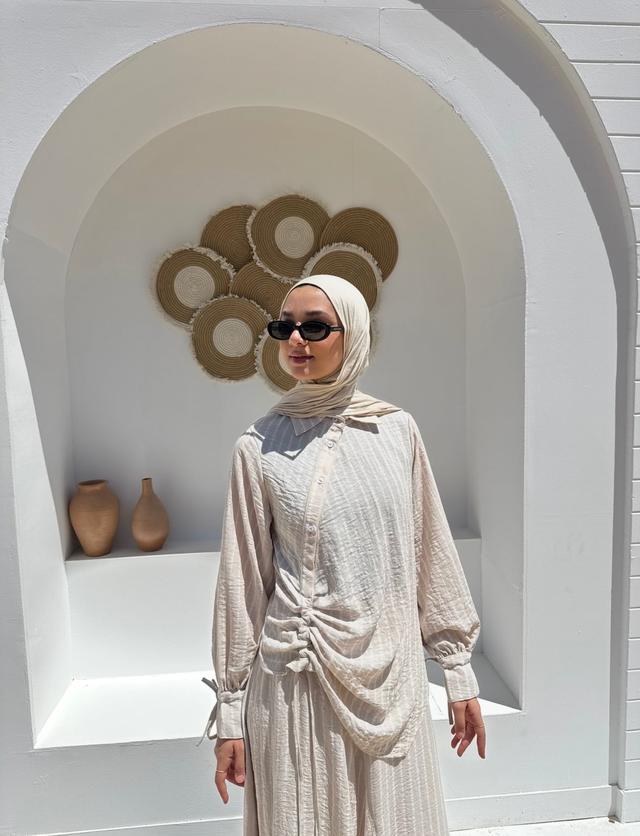 Asymmetric Striped Blouse-Beige