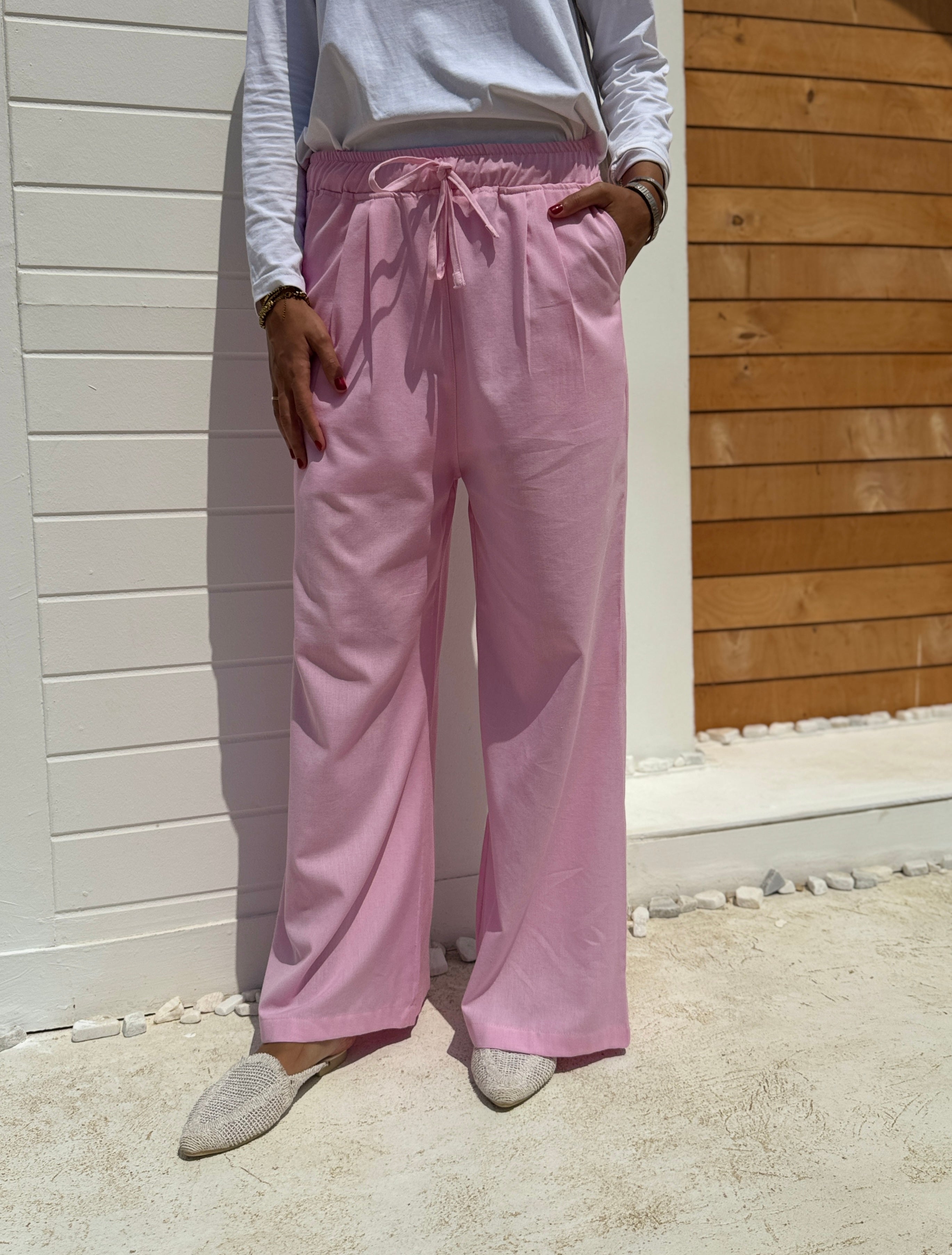 Linen Drawstring Pants -pink