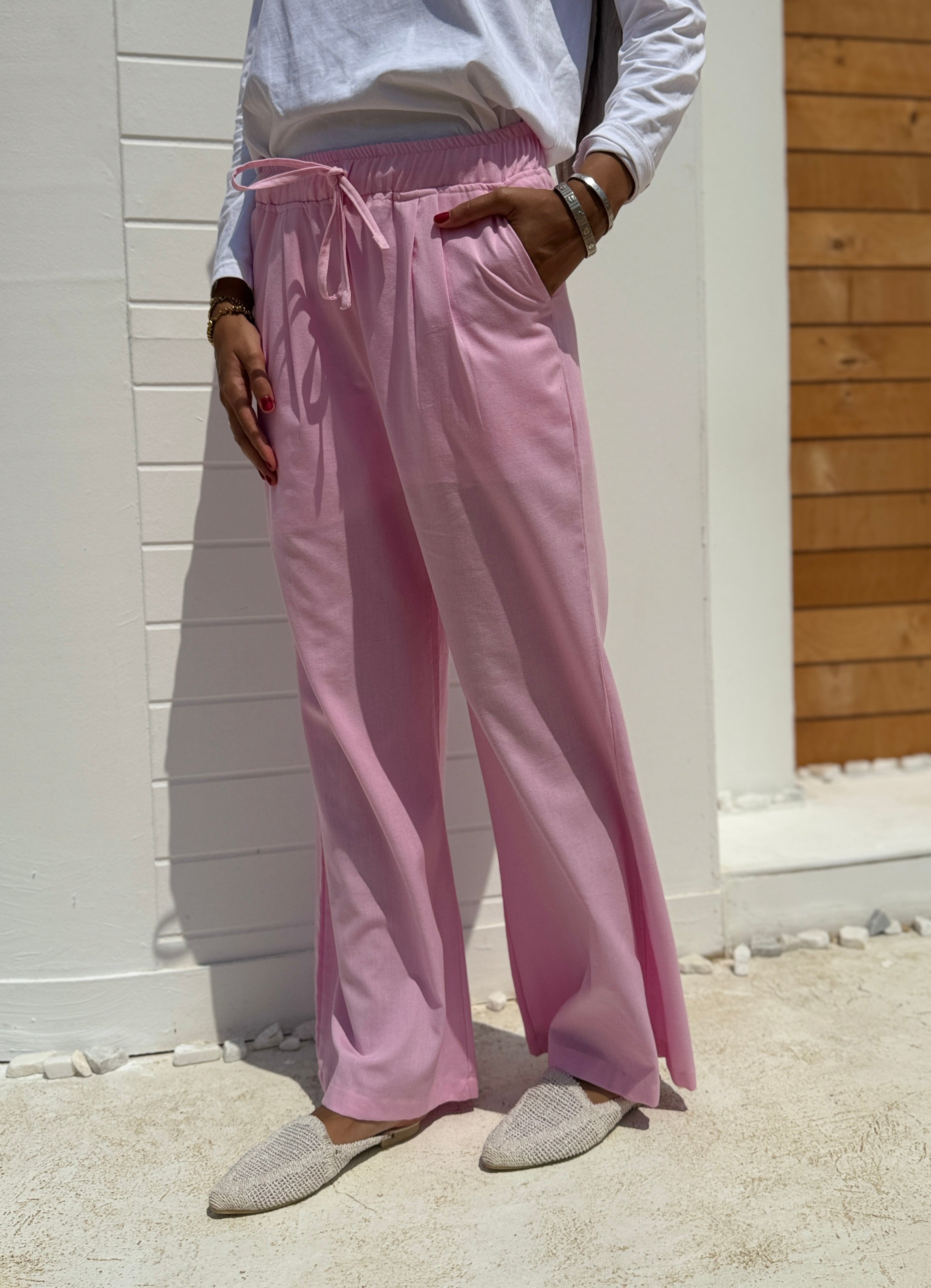 Linen Drawstring Pants -pink