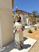 Printed Borders Chiffon Dress-Offwhite