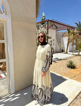 Printed Borders Chiffon Dress-Offwhite