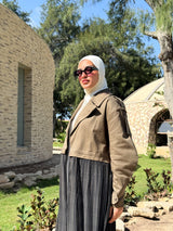 Gabardine with Pleated Chiffon Coat - Olive