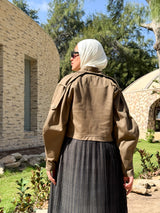 Gabardine with Pleated Chiffon Coat - Olive