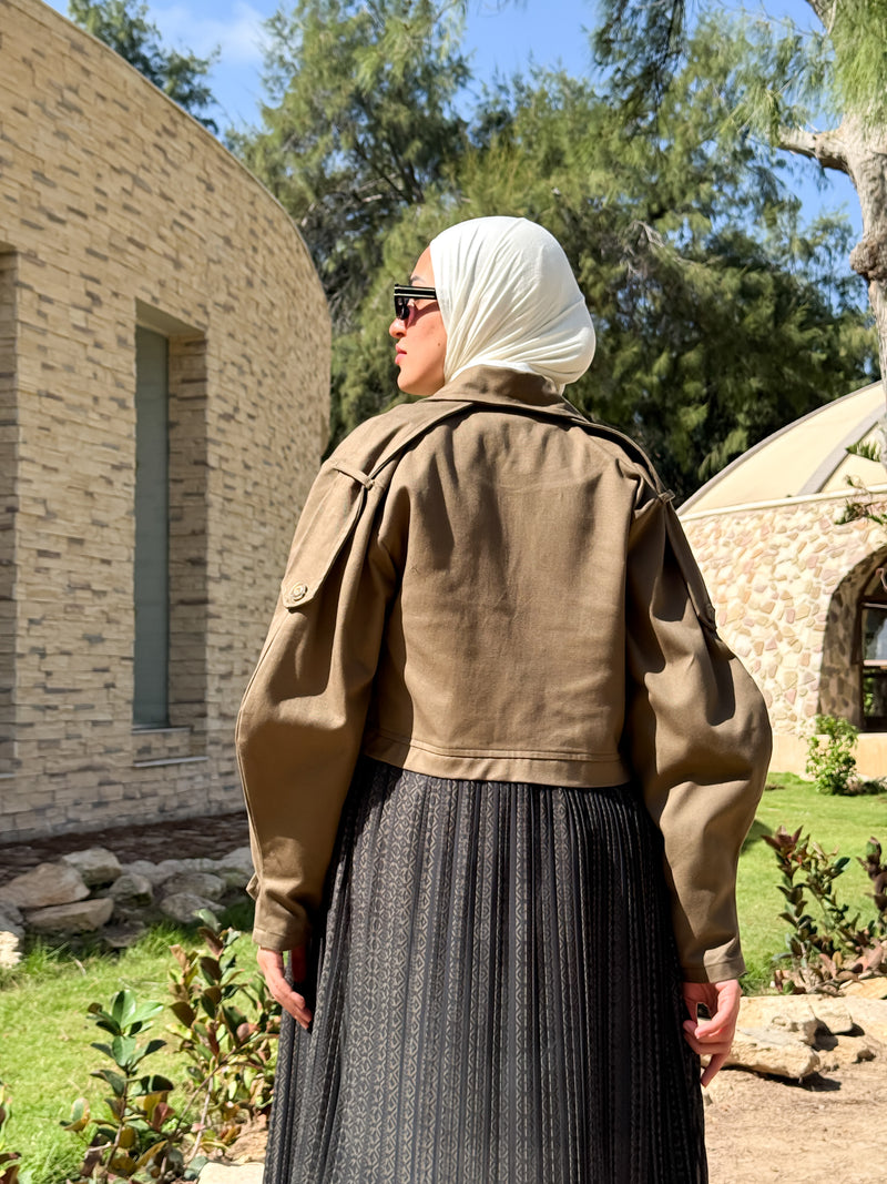 Gabardine with Pleated Chiffon Coat - Olive