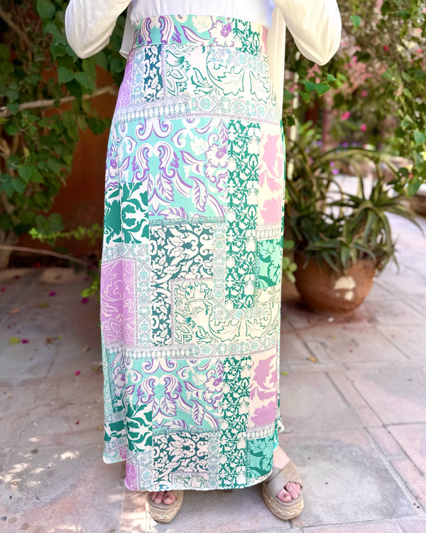 Printed Satin Skirt-Green*Purple