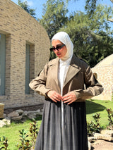 Gabardine with Pleated Chiffon Coat - Olive