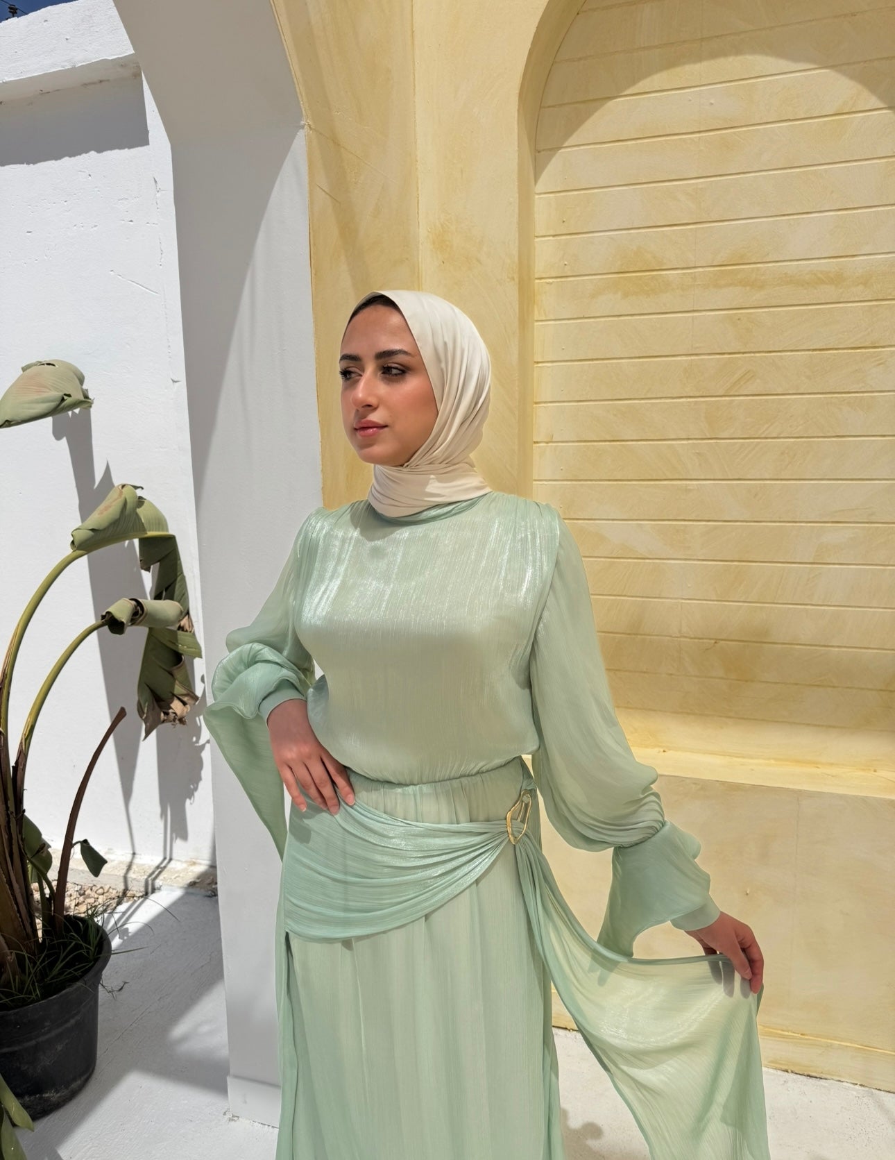 Side Buckle Organza Dress-Mint