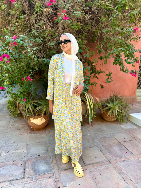 Printed Satin Skirt-Yellow