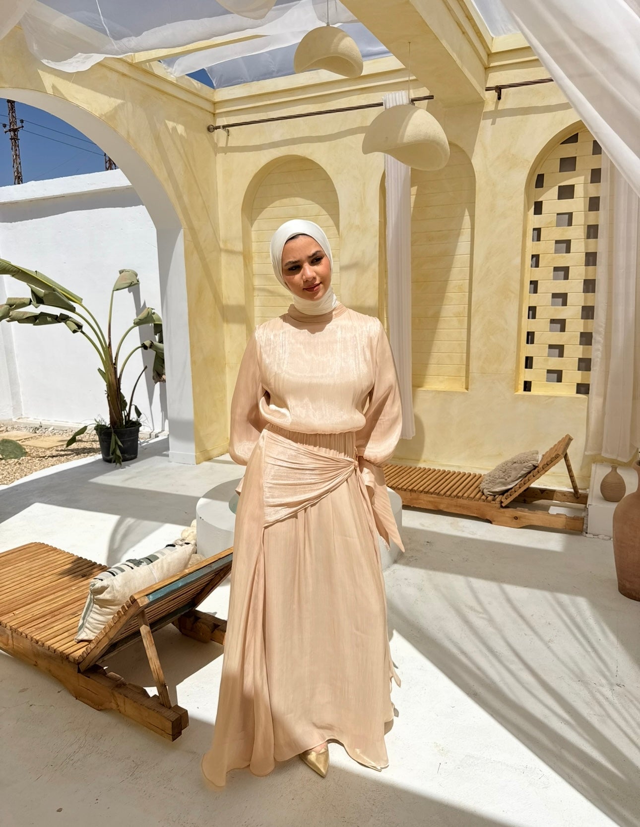 Side Buckle Organza Dress-Beige