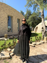 Gabardine with Pleated Chiffon Coat - Black