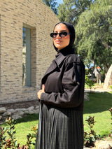 Gabardine with Pleated Chiffon Coat - Black