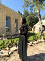 Gabardine with Pleated Chiffon Coat - Black
