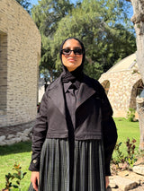 Gabardine with Pleated Chiffon Coat - Black