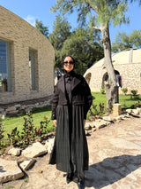 Gabardine with Pleated Chiffon Coat - Black